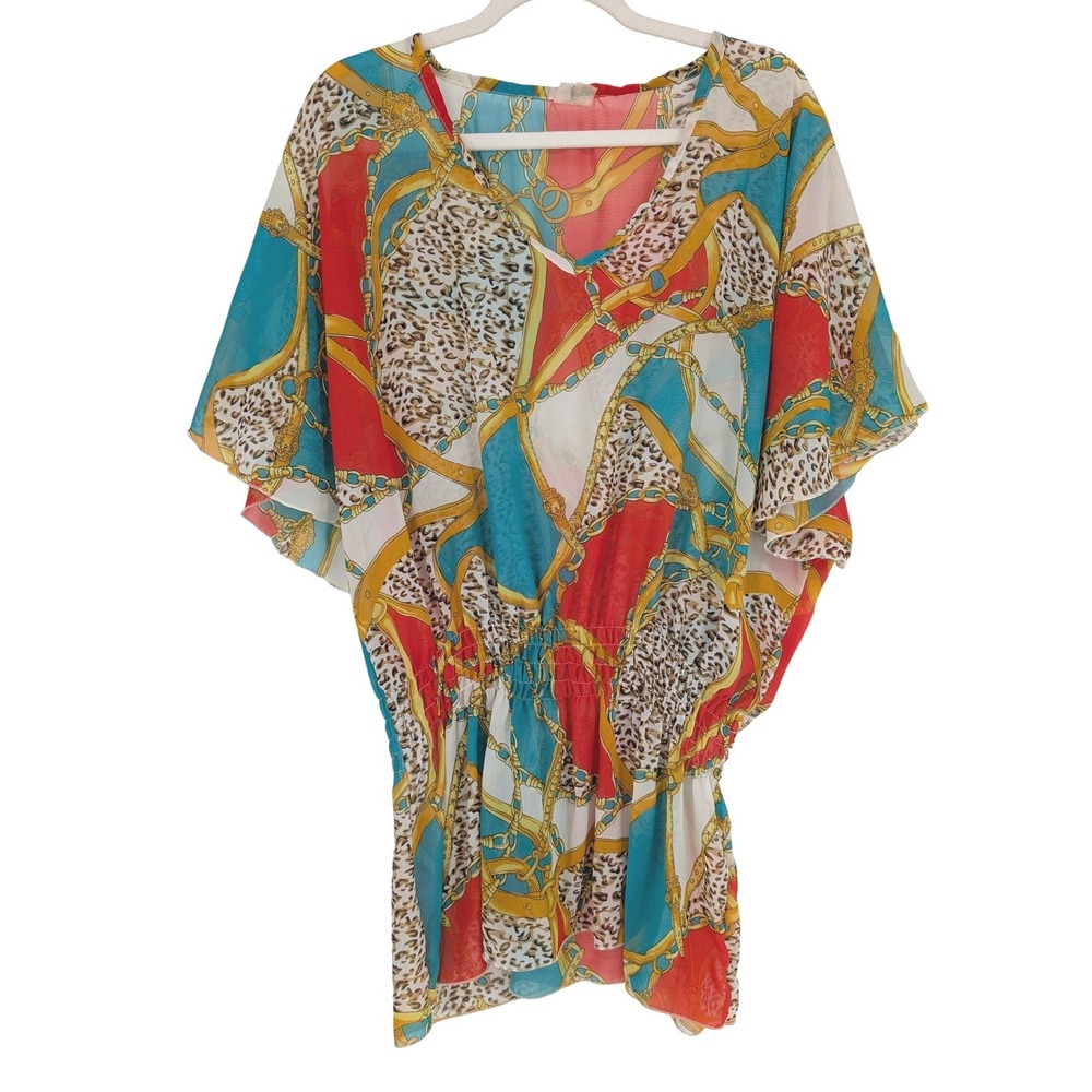 Sheer Chain Leopard Print Tunic Women OS Multicolor V-Neck Kaftan Top Resort‎